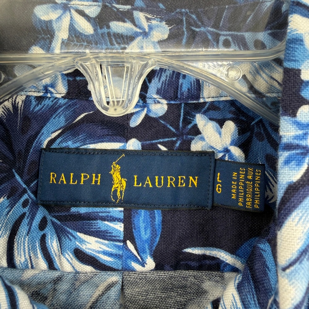Ralph Lauren Hawaiian Shirt Mens Large Navy Blue Floral Tropical Aloha Top - Picture 6 of 7